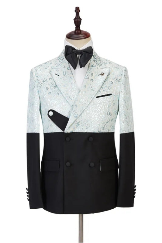 Solomon Sky Blue Jacquard Peaked Lapel Double Breasted Newest Prom Suit