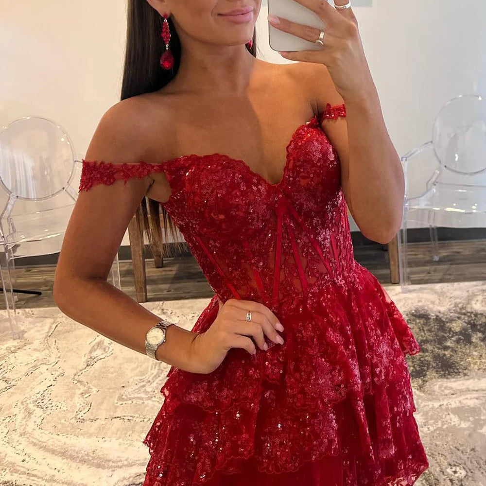 
                  
                    Sparkly A-Line Black Tiered Short Homecoming Prom Dress with Lace 
                  
                