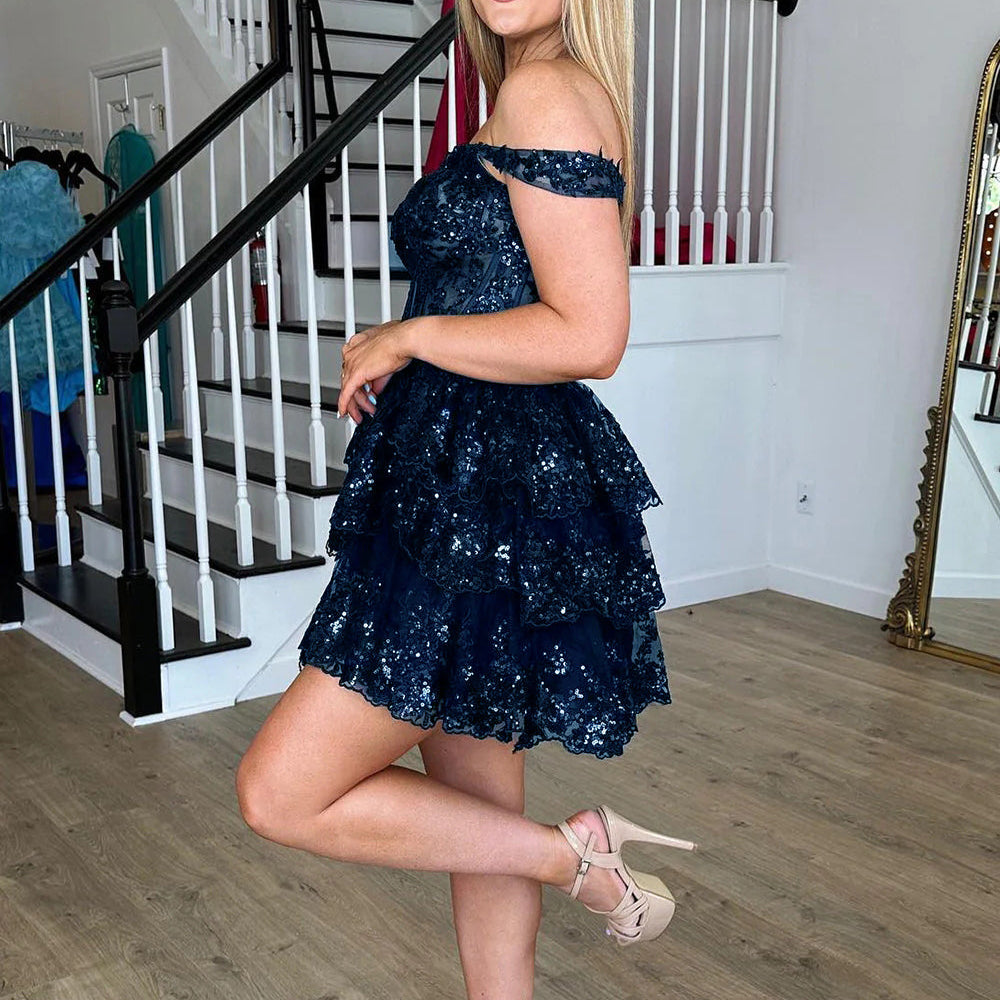 
                  
                    Sparkly A-Line Black Tiered Short Homecoming Prom Dress with Lace 
                  
                