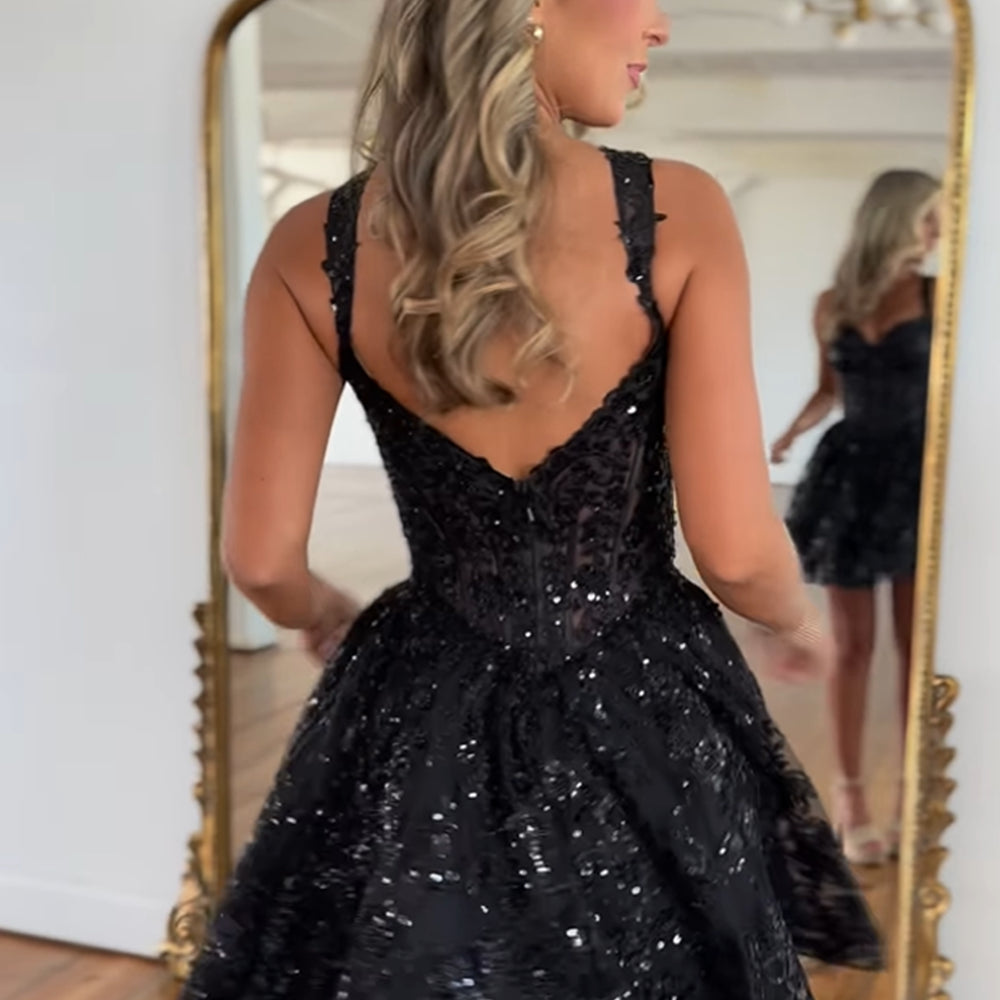 
                  
                    Sparkly A-Line Black Tiered Short Homecoming Prom Dress with Lace 
                  
                