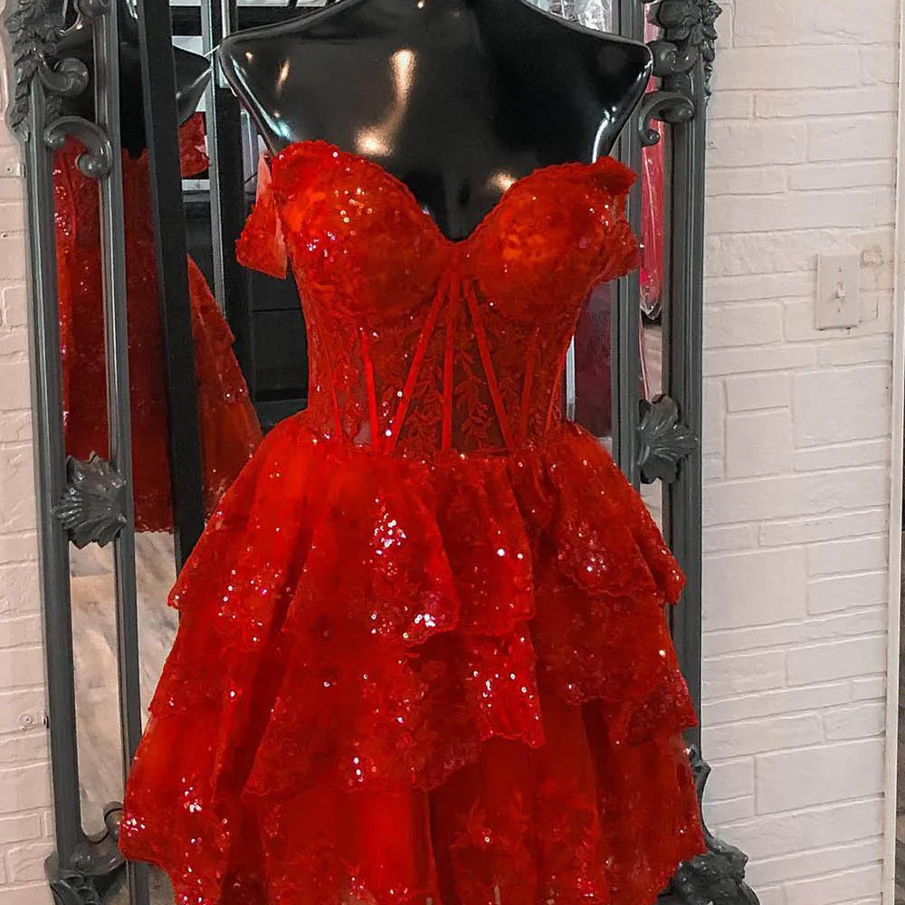 
                  
                    Sparkly A-Line Black Tiered Short Homecoming Prom Dress with Lace 
                  
                