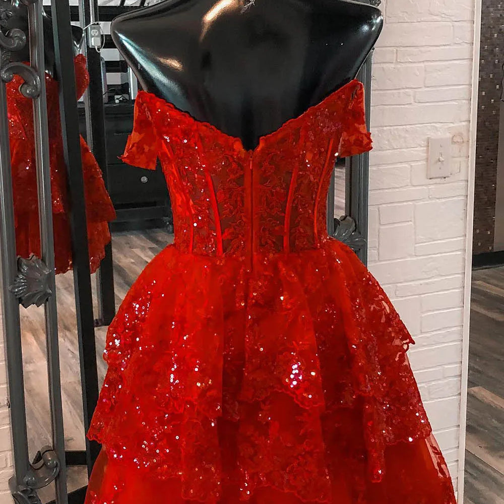 
                  
                    Sparkly A-Line Black Tiered Short Homecoming Prom Dress with Lace 
                  
                