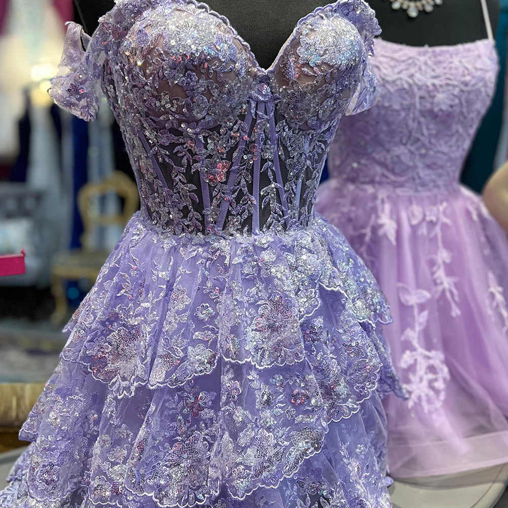 
                  
                    Sparkly A-Line Black Tiered Short Homecoming Prom Dress with Lace 
                  
                