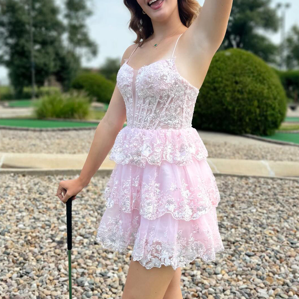 
                  
                    Sparkly A Line Pink Corset Short Homecoming Dress with Lace-Up Back
                  
                