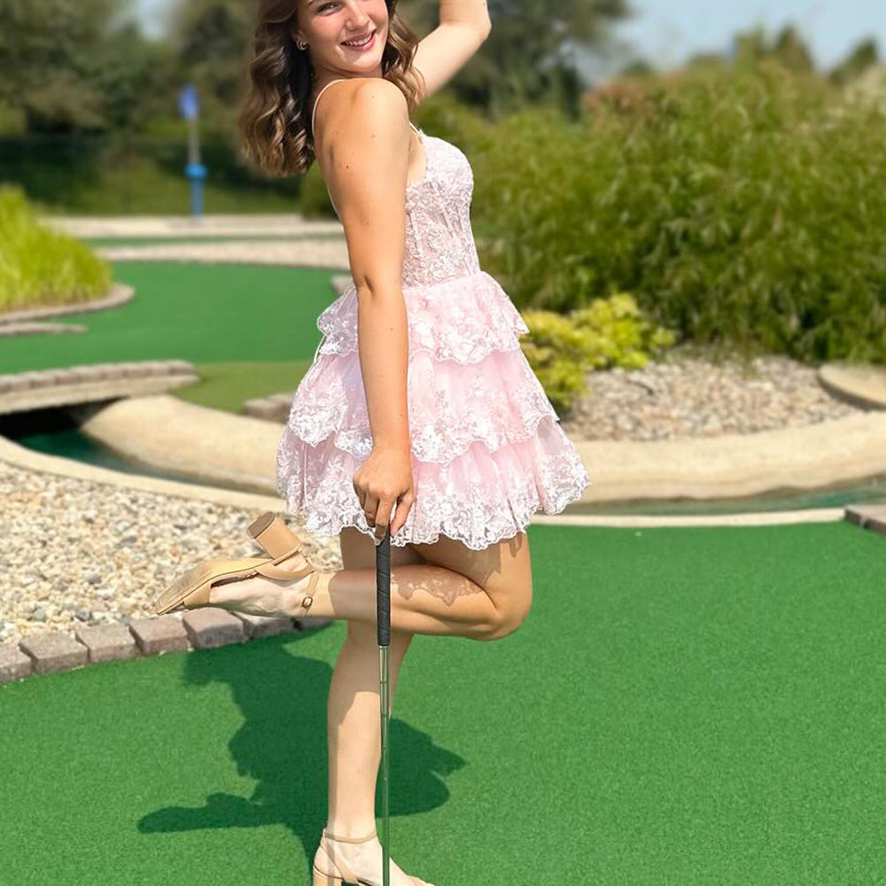 
                  
                    Sparkly A Line Pink Corset Short Homecoming Dress with Lace-Up Back
                  
                