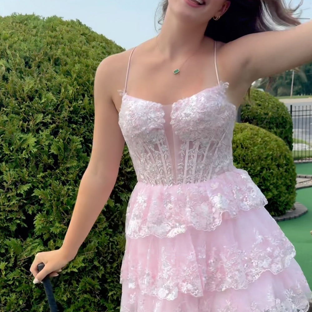 Sparkly A Line Pink Corset Short Homecoming Dress with Lace-Up Back