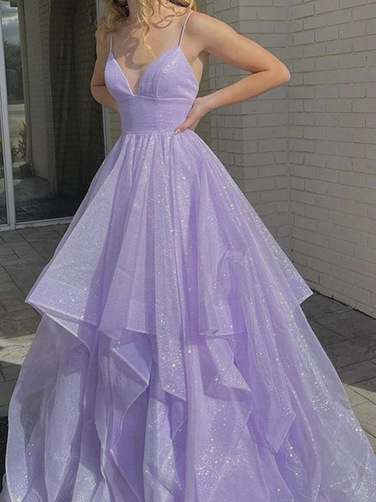 Sparkly A-line V Neck Long Prom Dresses Fluffy Purple Formal Evening Dresses-BIZTUNNEL