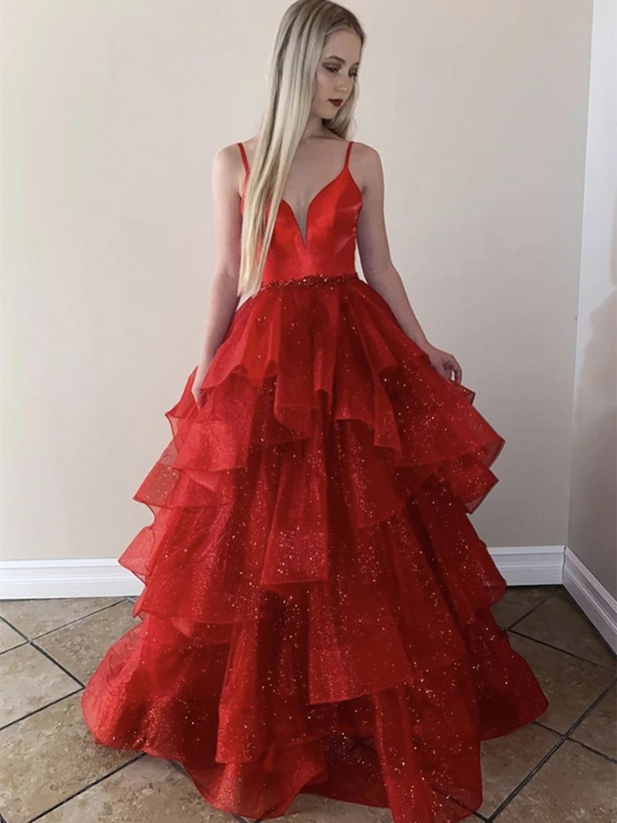 Cargar imagen en el visor de la Galería, Sparkly A-line V Neck Spaghetti Straps Tulle Red Long Prom Fromal Evening Dresses-BIZTUNNEL
