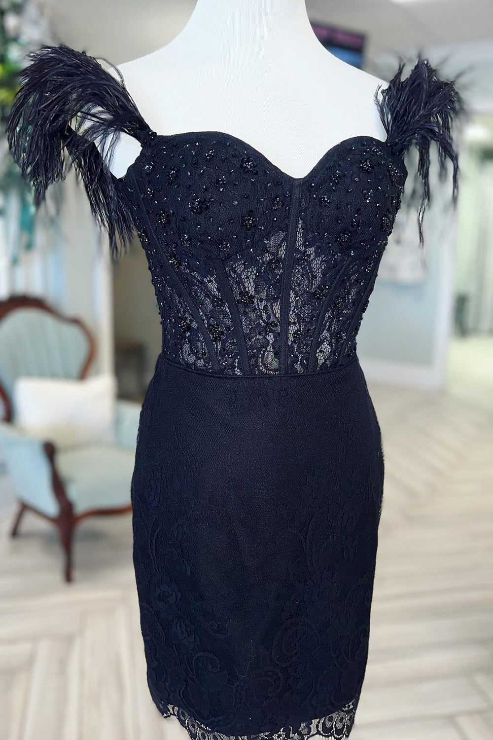 Sparkly Black Corset Lace Feathers Tight Short Homecoming Dress BIZTUNNEL Sparkly Black Corset Lace Feathers Tight Short Homecoming Dress BIZTUNNEL