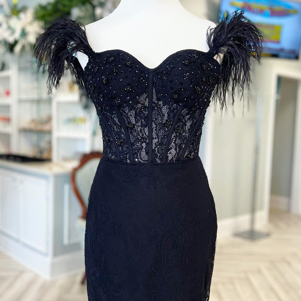 
                  
                    Sparkly Black Off The Shoulder Corset Tight Short Homecoming Dress with Feathers 
                  
                