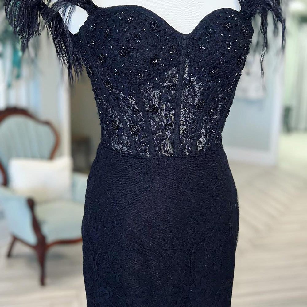
                  
                    Sparkly Black Off The Shoulder Corset Tight Short Homecoming Dress with Feathers 
                  
                