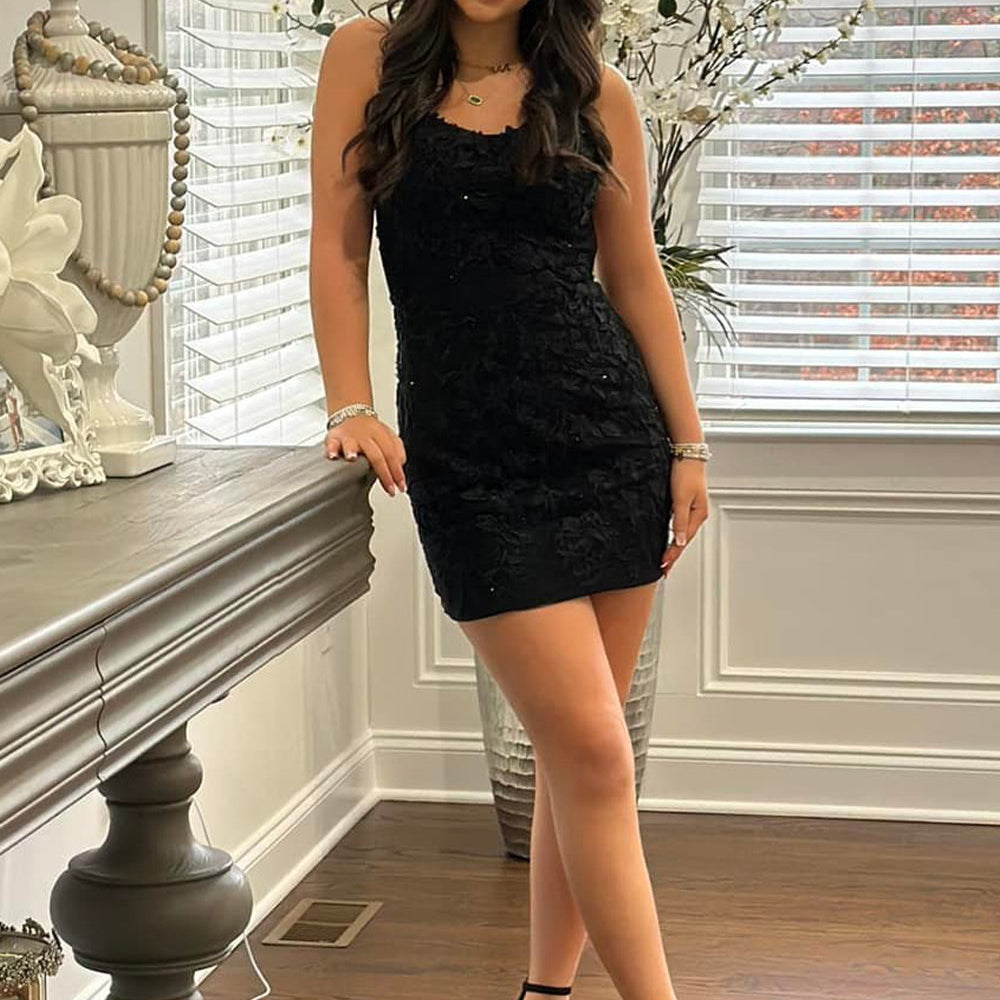 Sparkly Black Spaghetti Straps Backless Tight Short Lace Homecoming Dress
