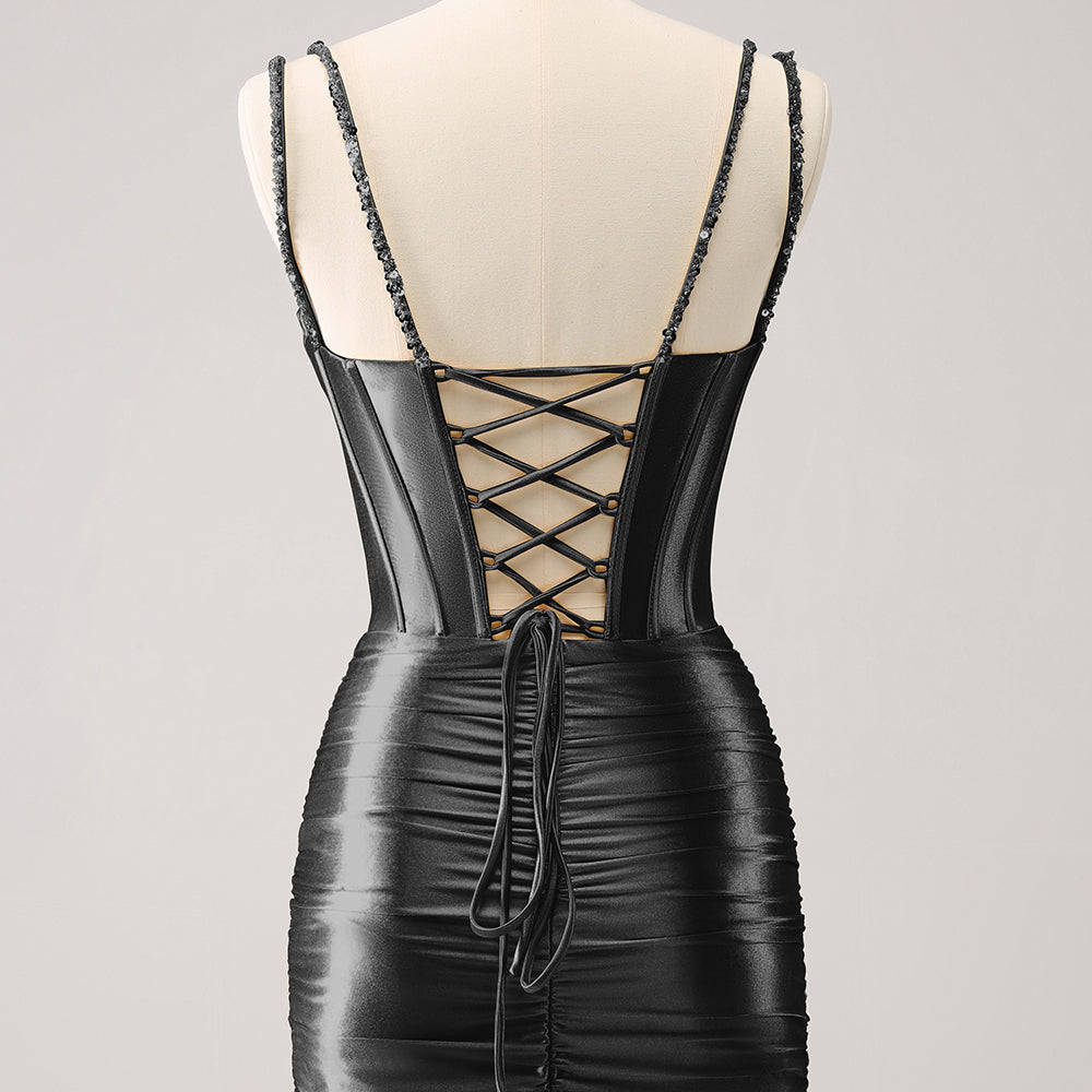 
                  
                    Sparkly Black Spaghetti Straps Tight Corset Homecoming Dress with Sequins 
                  
                
