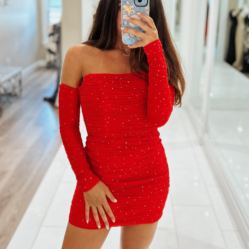 
                  
                    Sparkly Black Strapless Tight Short Homecoming Dress with Long Sleeves 
                  
                