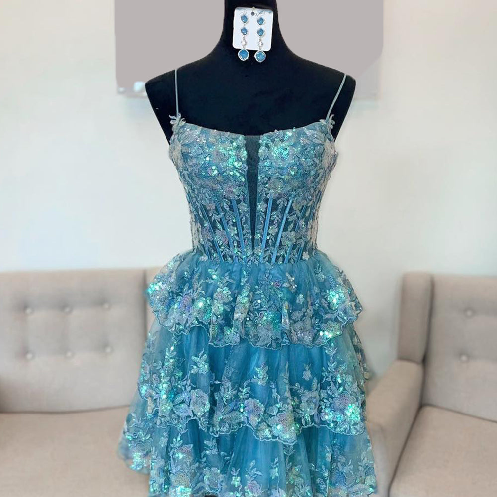 
                  
                    Sparkly Blue A Line Corset Tiered Short Homecoming Dress 
                  
                