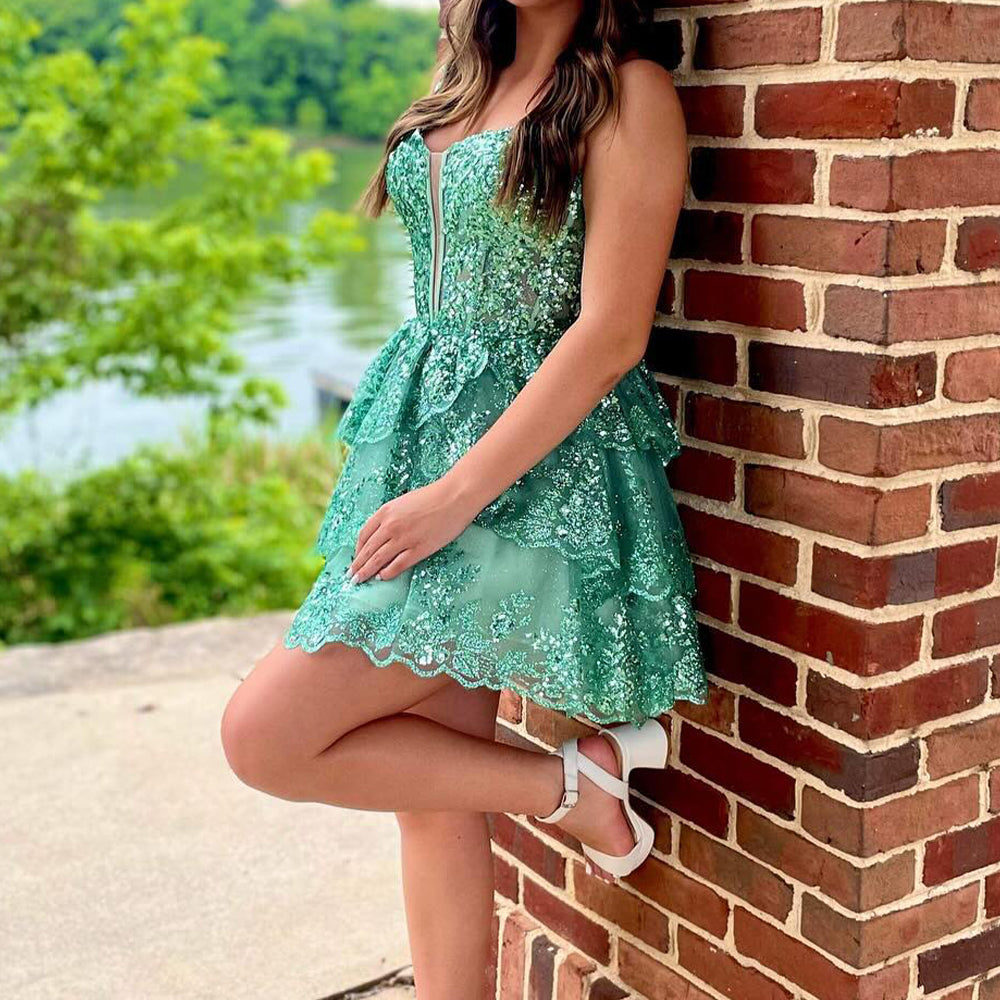 Sparkly Blue Sequins Corset Short Homecoming Dress With Ruffles – BIZTUNNEL