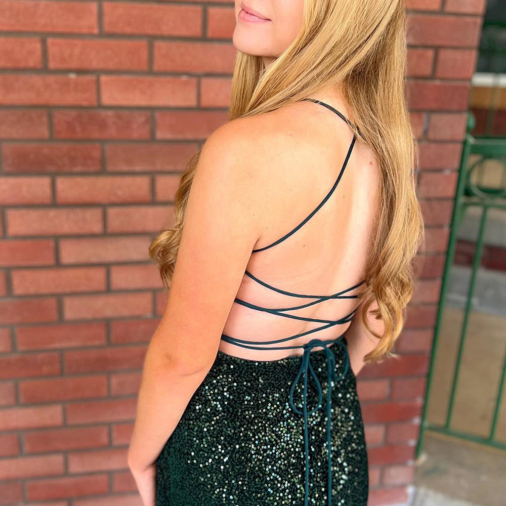 Sparkly Dark Green Sequined Tight Short Homecoming Dress with Slit   BIZTUNNEL
