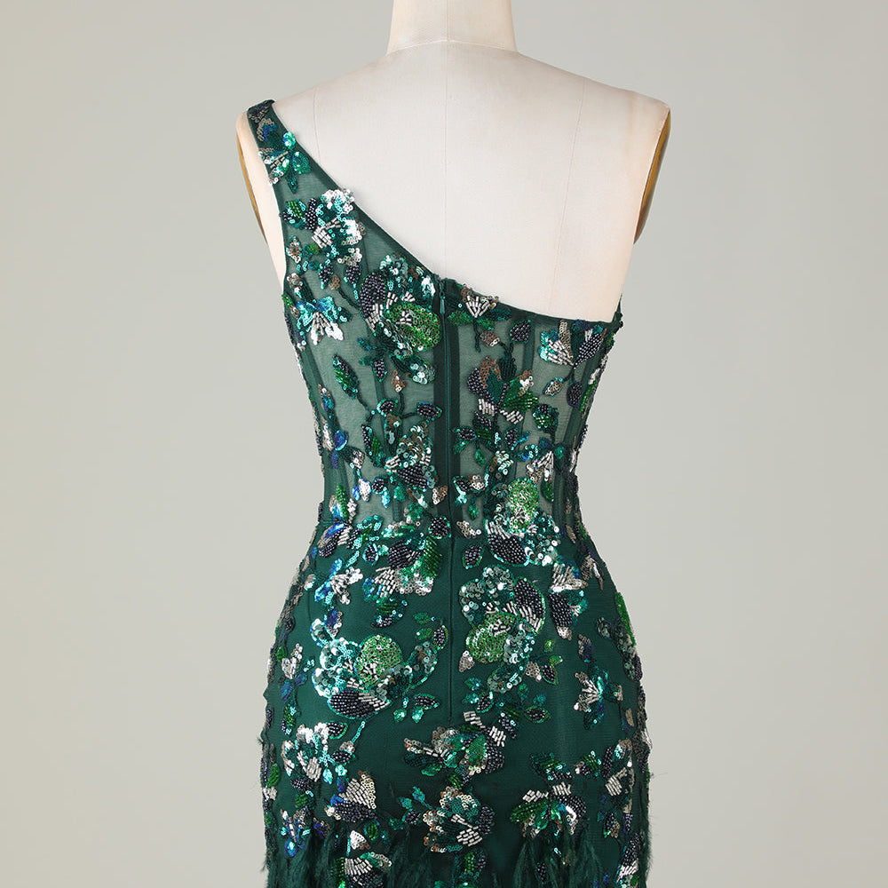 Sparkly Dark Green Tight Short Beaded Homecoming Dress with Feathers –  BIZTUNNEL