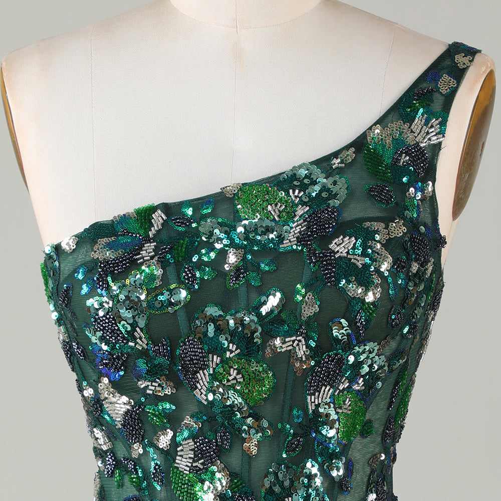 Sparkly Dark Green Tight Short Beaded Homecoming Dress with Feathers   BIZTUNNEL