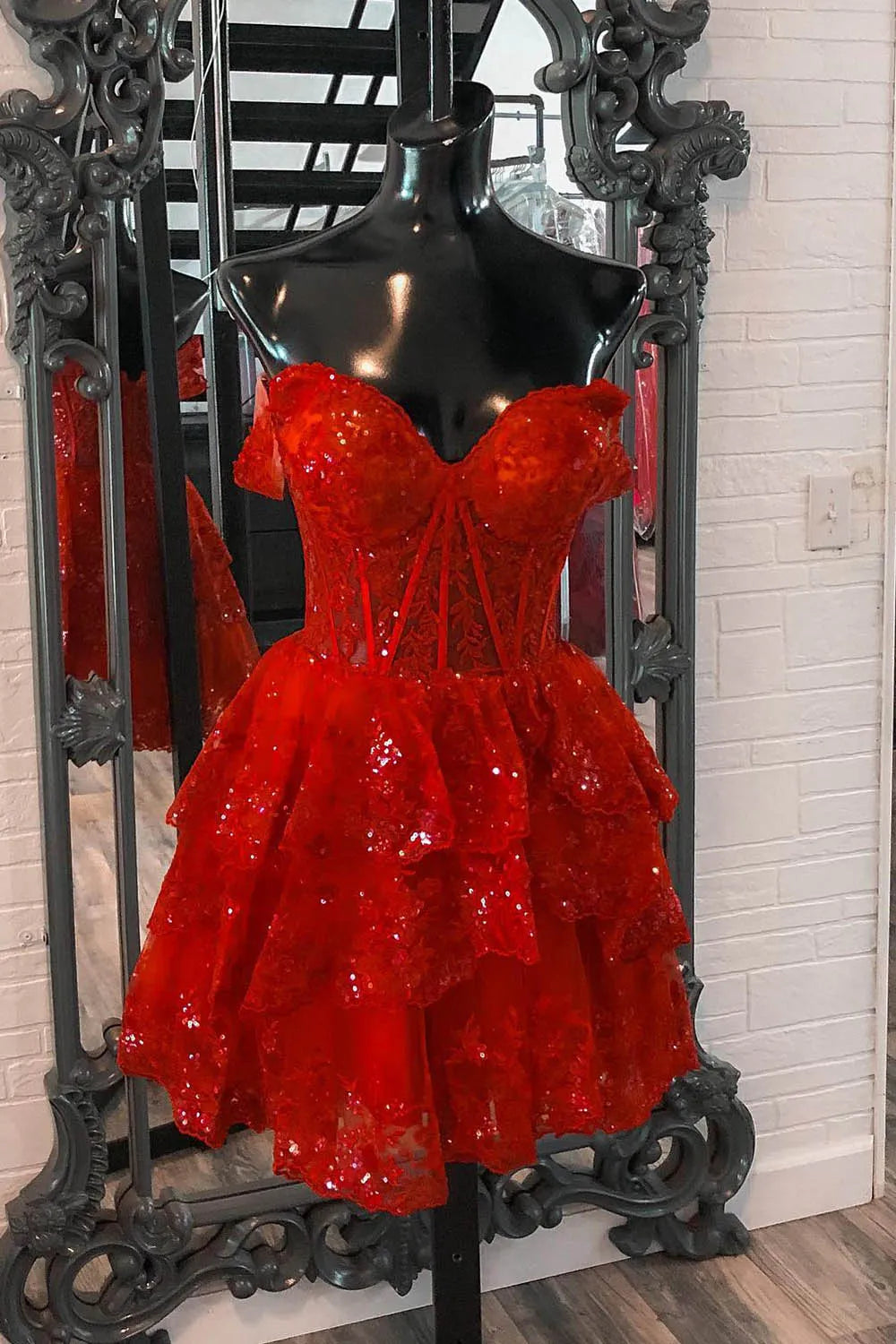 Sparkly Fuchsia A Line Tiered Lace Short Homecoming Prom Dress BIZTUNNEL Sparkly Fuchsia A Line Tiered Lace Short Homecoming Prom Dress BIZTUNNEL