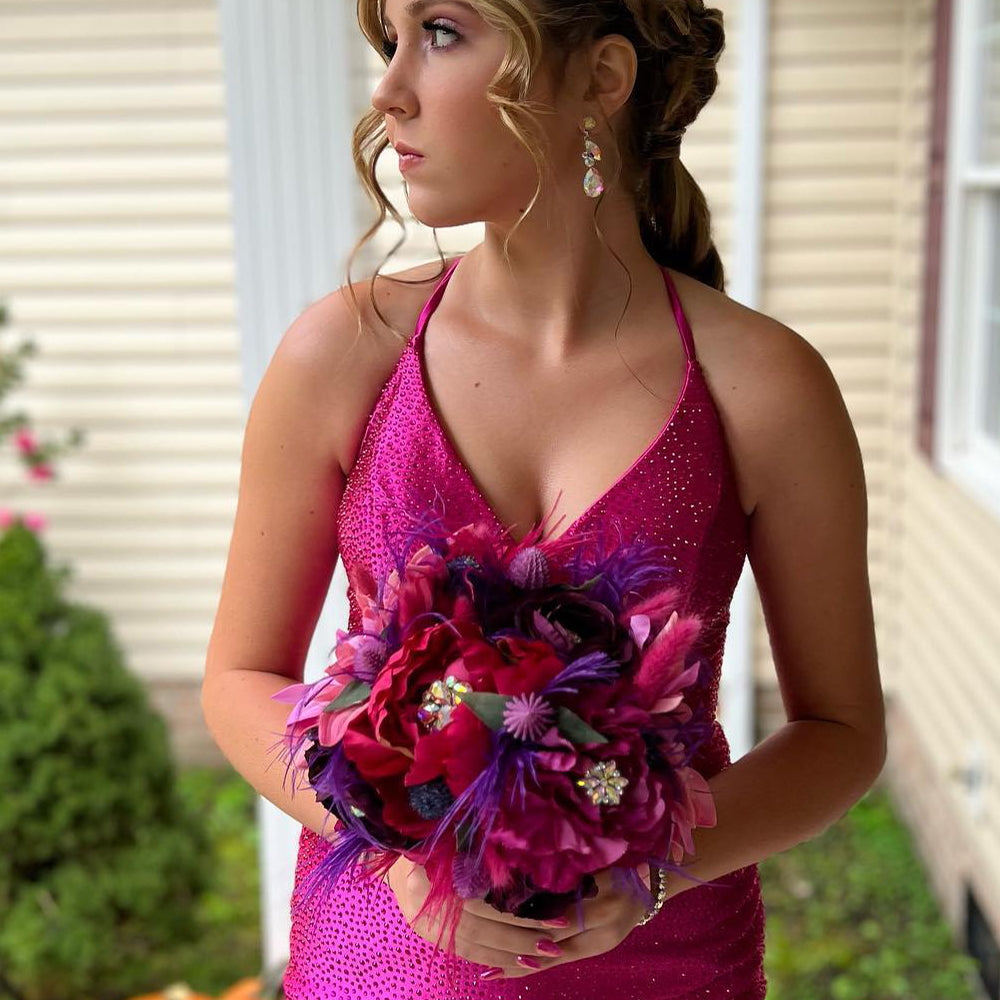 Sparkly Fuchsia Halter Tight Short Homecoming Dress with Beadings – BIZTUNNEL
