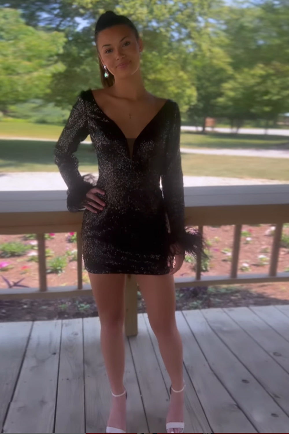 Sparkly Fuchsia Sequined Long Sleeves Tight Short Homecoming Dress with Feathers Sparkly Fuchsia Sequined Long Sleeves Tight Short Homecoming Dress with Feathers