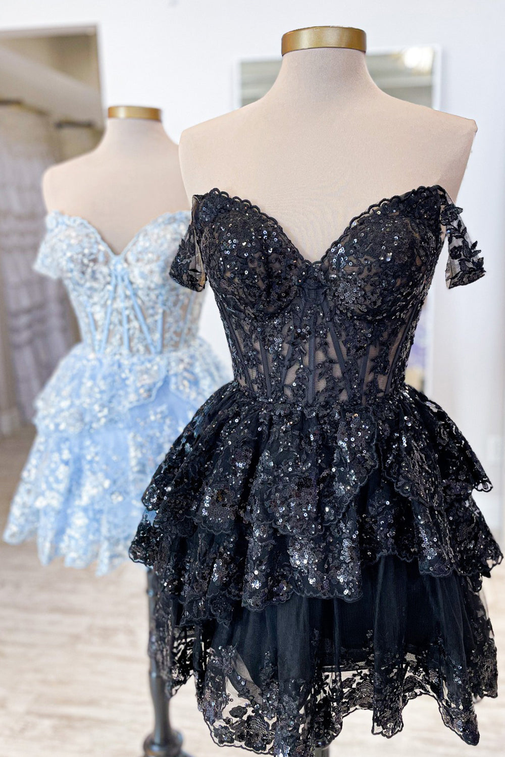 Sparkly Golden A-Line Tiered Lace Short Homecoming Prom Dress Sparkly Golden A-Line Tiered Lace Short Homecoming Prom Dress