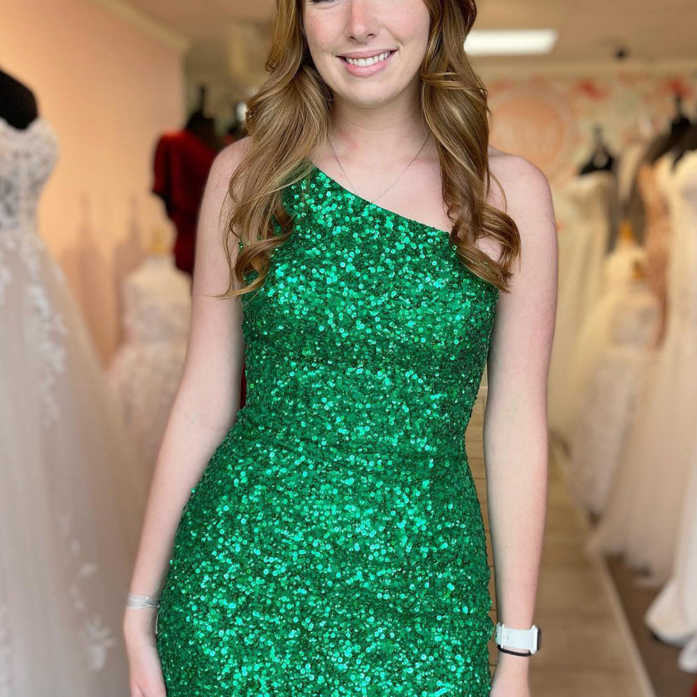 Sparkly Green Sequined One Shoulder Tight Short Homecoming Dress Sparkly Green Sequined One Shoulder Tight Short Homecoming Dress