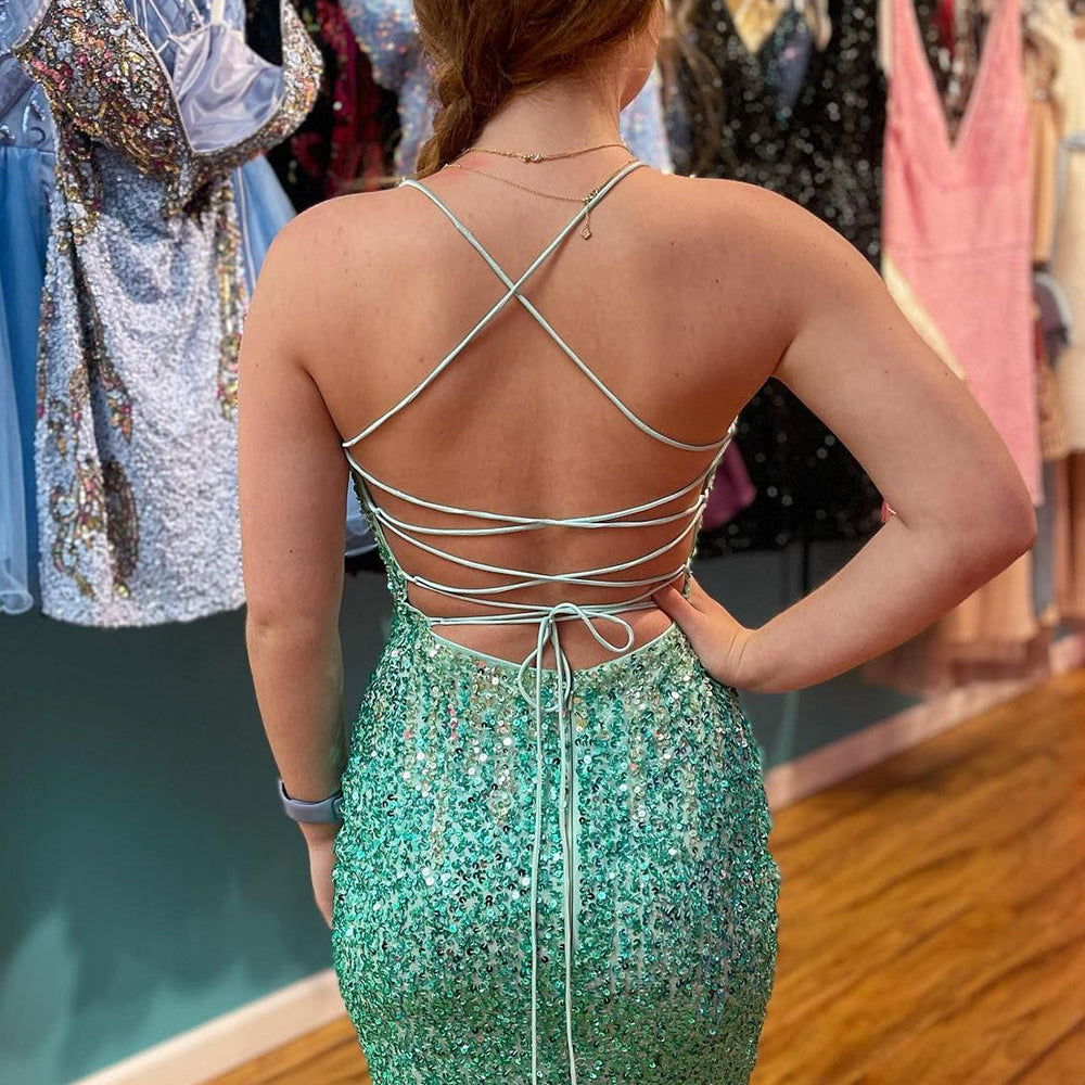 Sparkly Green Sequins Lace-Up Back Tight Homecoming Dress Sparkly Green Sequins Lace-Up Back Tight Homecoming Dress