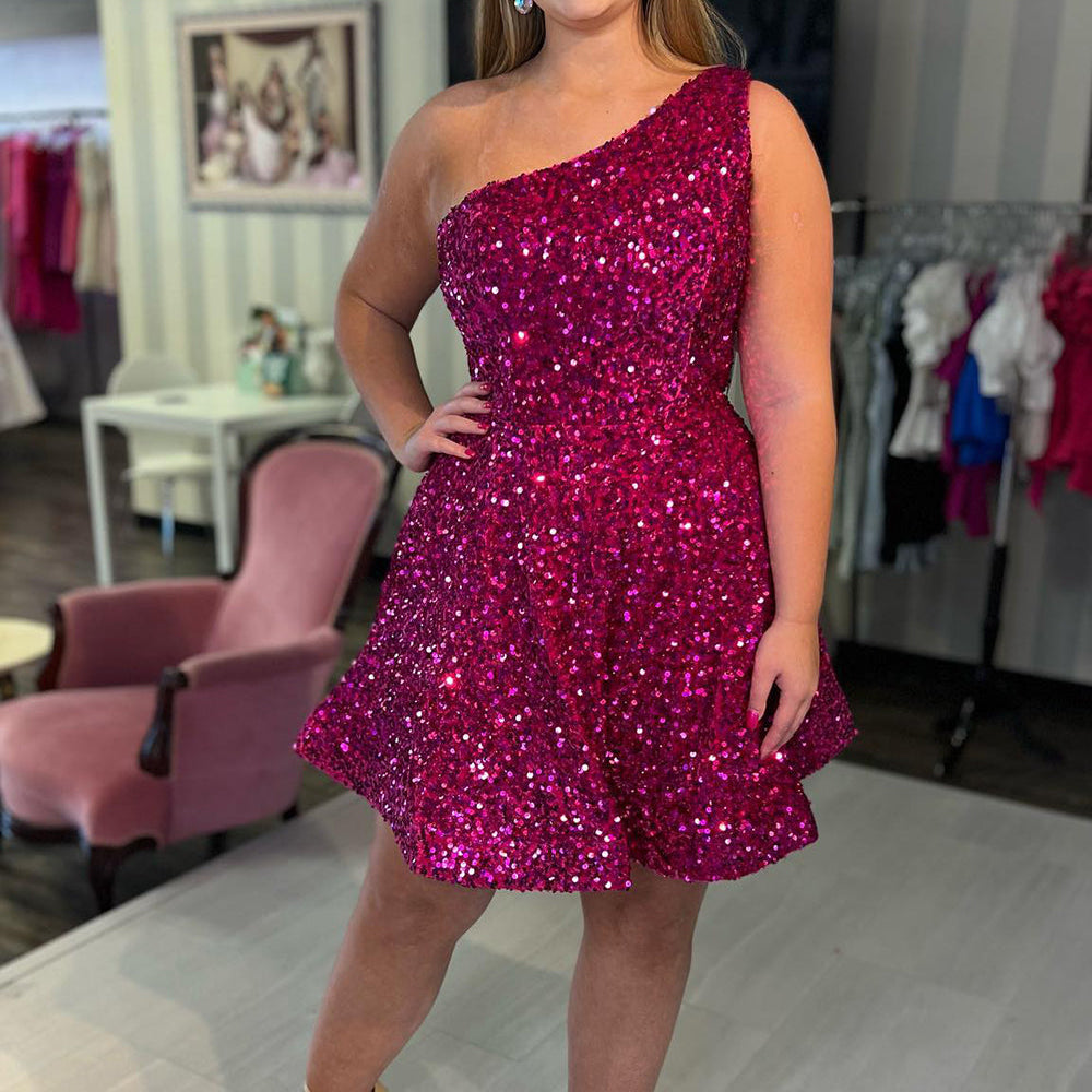 hot pink sparkly homecoming dress KissProm Bodycon Spaghetti Straps Sequined Mini Party Dresses, Pink / 16 The showstopper Sparkly Hot Pink One Shoulder