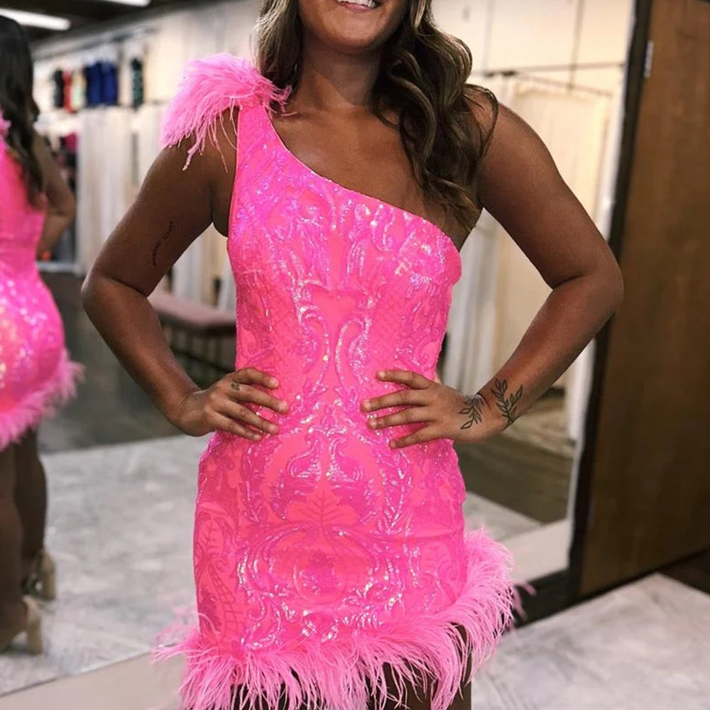 Sparkly Lilac One Shoulder Tight Short Homecoming Dress with Feather