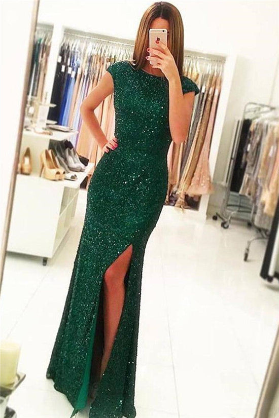 Sparkly Long Mermaid Bateau Sequins Open Back Prom Dress With Slit-BIZTUNNEL