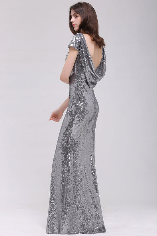 Sparkly Mermaid Sequins Scoop Long Backlesss Bridesmaid Dresses with Sleeves-BIZTUNNEL