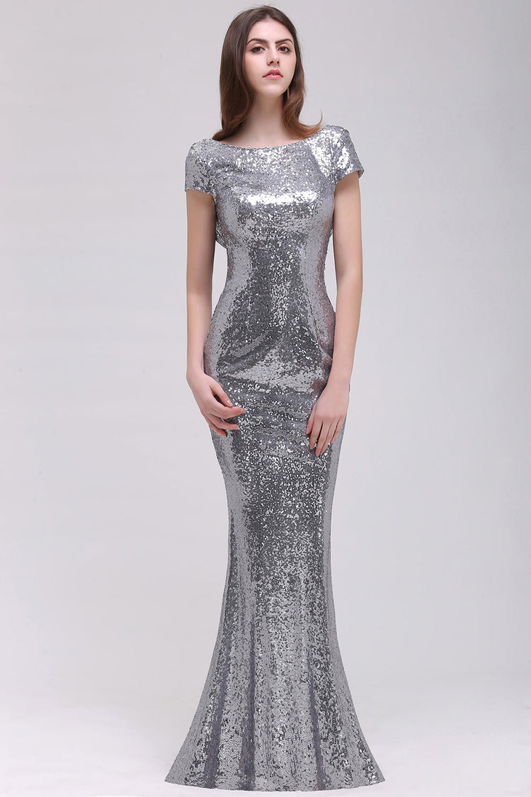 Sparkly V-neck Sequin Bat Sleeves Long Mermaid Bridesmaid Dresses