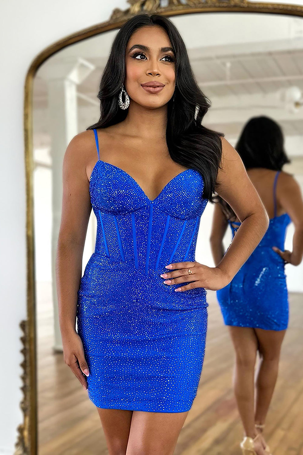 Sparkly Navy Beaded Lace-Up Back Corset Tight Short Homecoming Dress Sparkly Navy Beaded Lace-Up Back Corset Tight Short Homecoming Dress