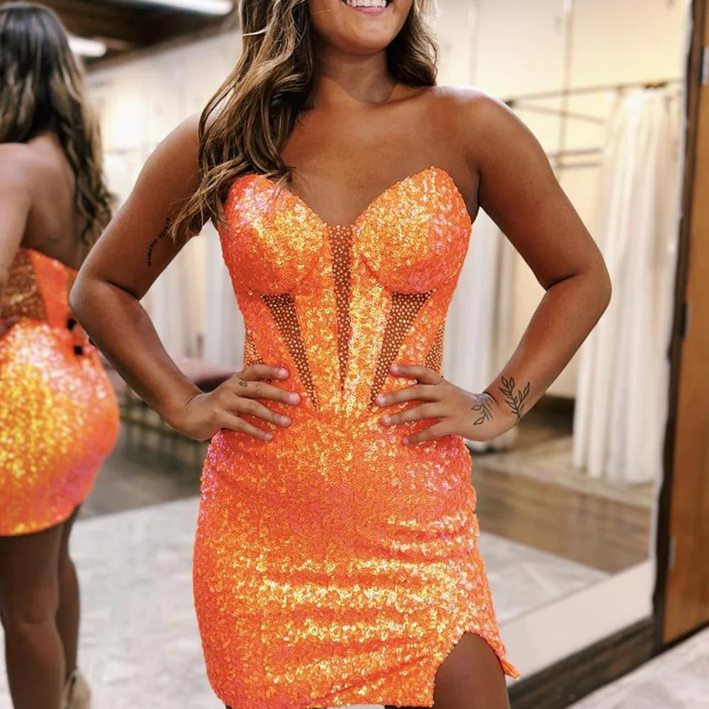 strapless open back dress Sparkly Orange Corset Sweetheart Tight Short Homecoming Dress with Sli –  BIZTUNNEL