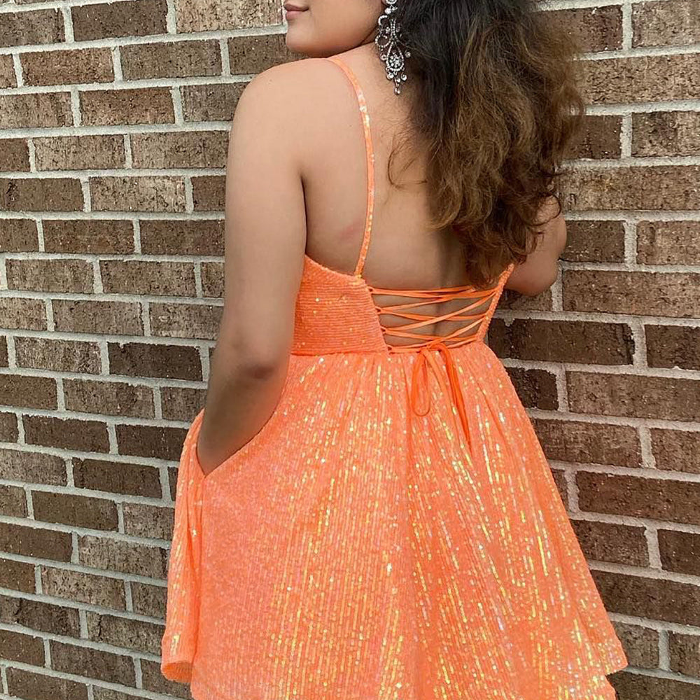 Sparkly Orange Sequins A-Line Short Homecoming Dress with Pockets