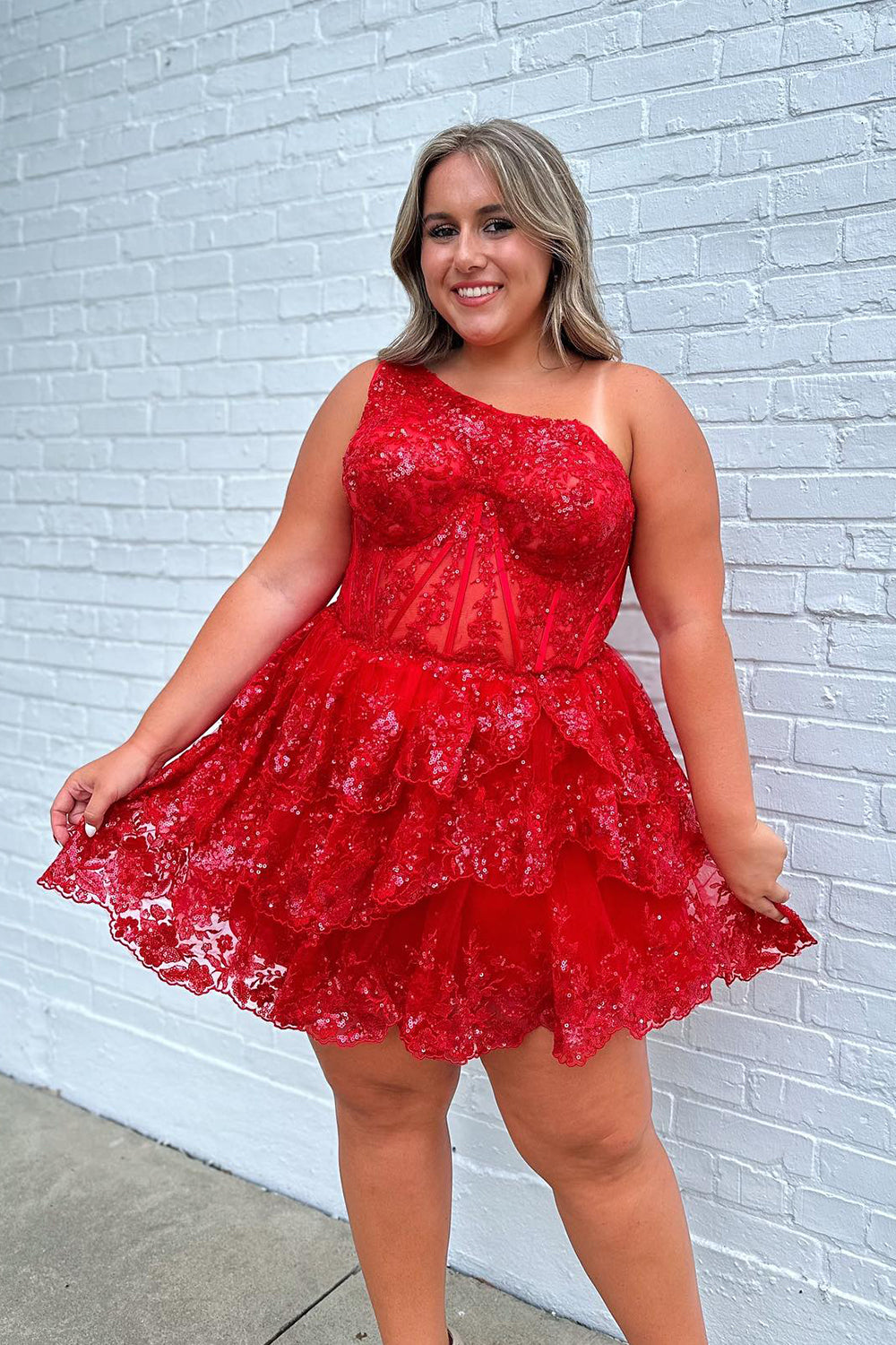 Sparkly Pink Tiered Lace One Shoulder Short Homecoming Dress BIZTUNNEL Sparkly Pink Tiered Lace One Shoulder Short Homecoming Dress BIZTUNNEL