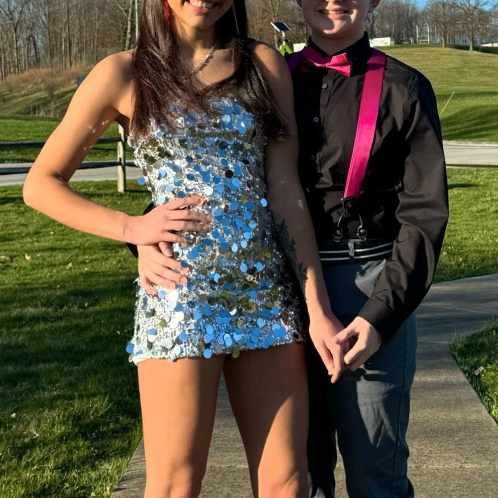 
                  
                    Sparkly Silver Strapless Tight Short Homecoming Dress with Sequins 
                  
                