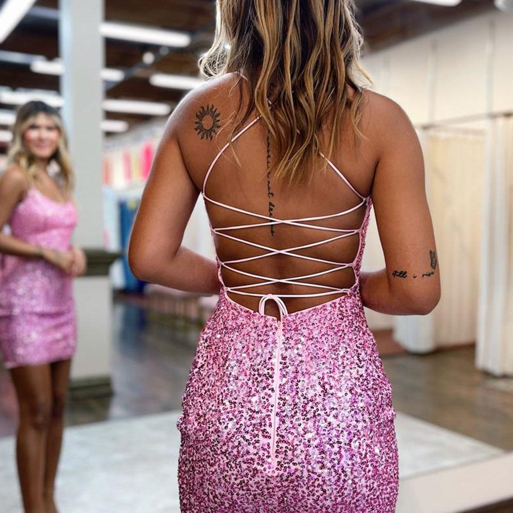 
                  
                    Sparkly Yellow Tight Lace-Up Back Homecoming Dress
                  
                