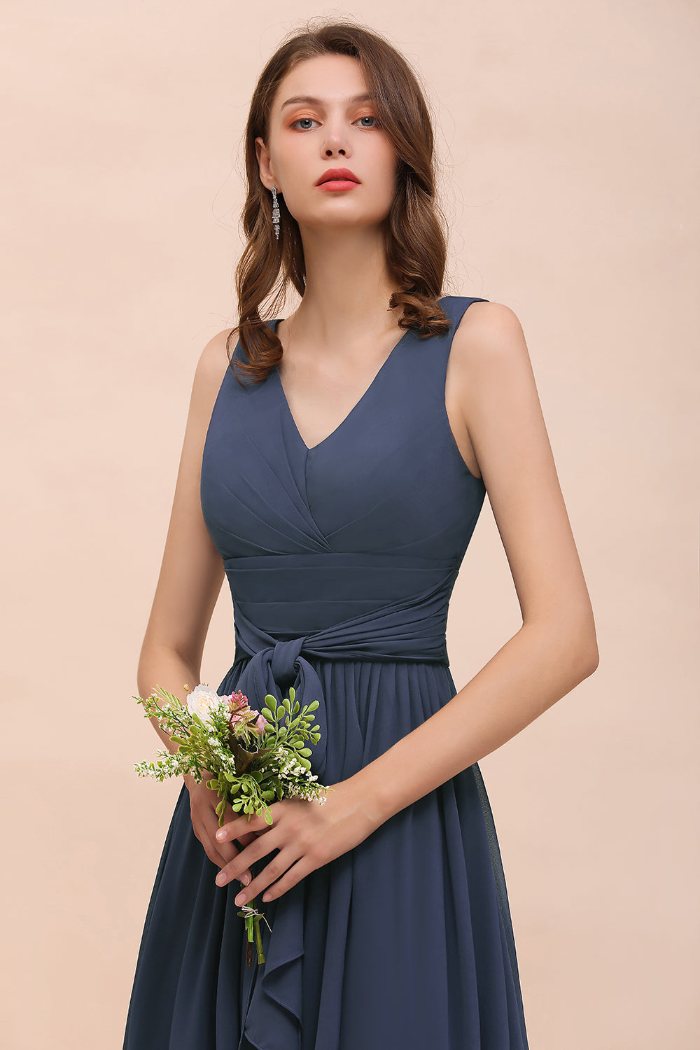 Pink A Line V Neck Chiffon Long Bridesmaid Dress with Slit