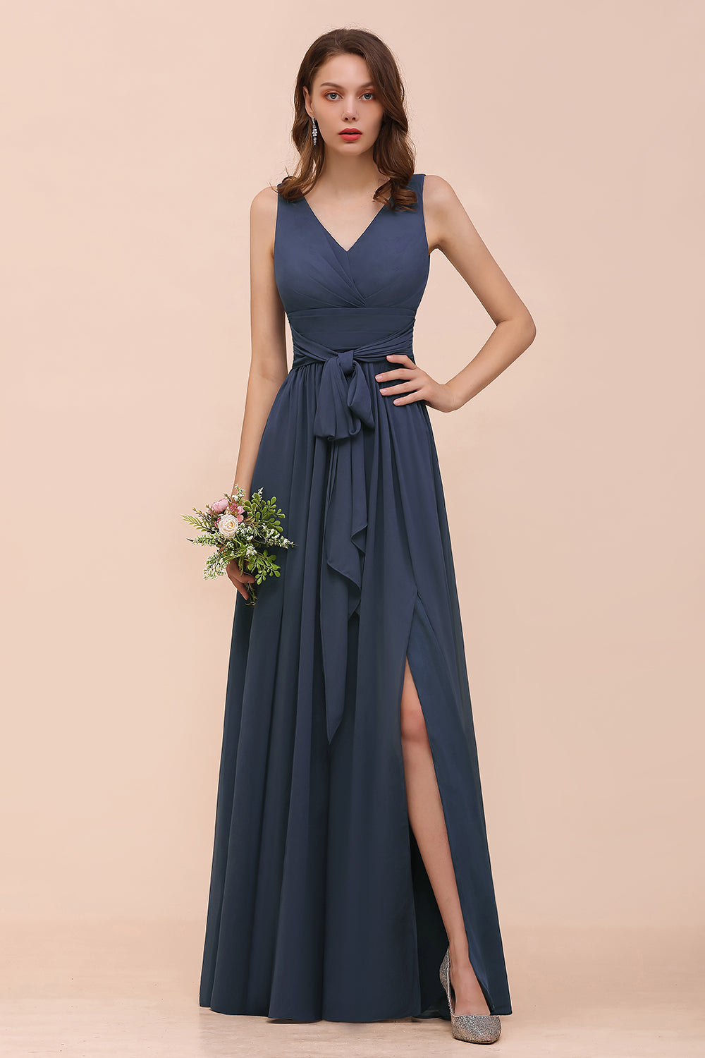 A Line V Neck Rust Long Bridesmaid Dress with Split Front main image 1