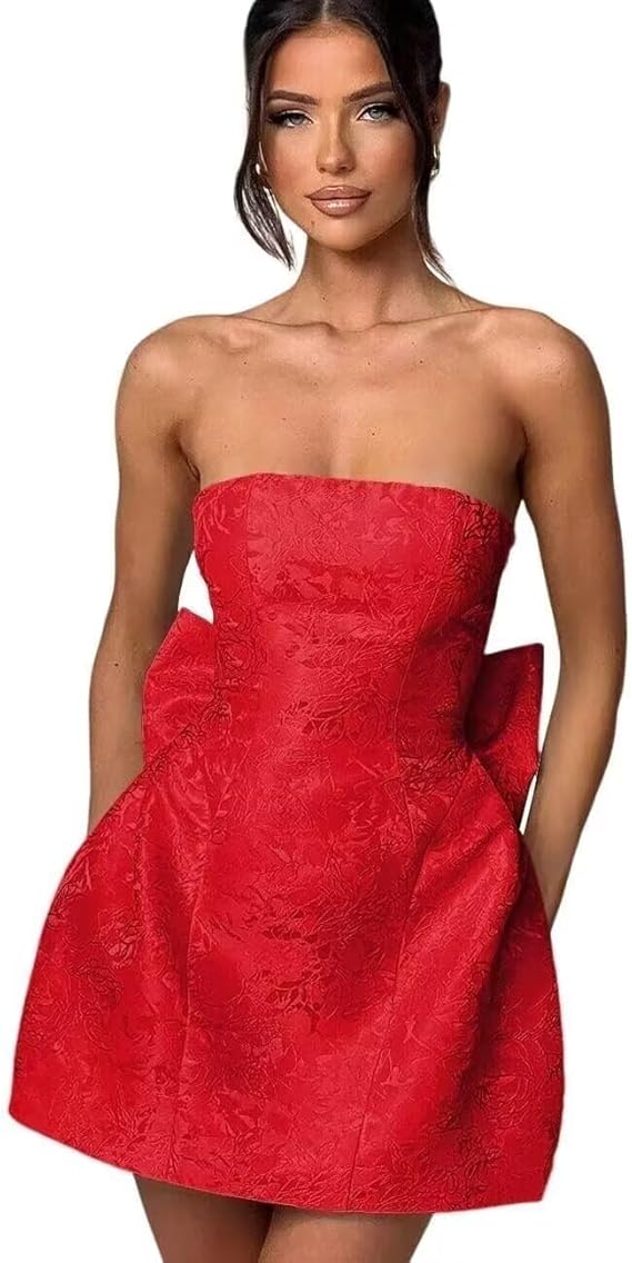 Strapless Short Ball Gown Homecoming Dress Sleeveless Lace up Jacquard Satin Party Dresses with Bow Strapless Short Ball Gown Homecoming Dress Sleeveless Lace up Jacquard Satin Party Dresses with Bow