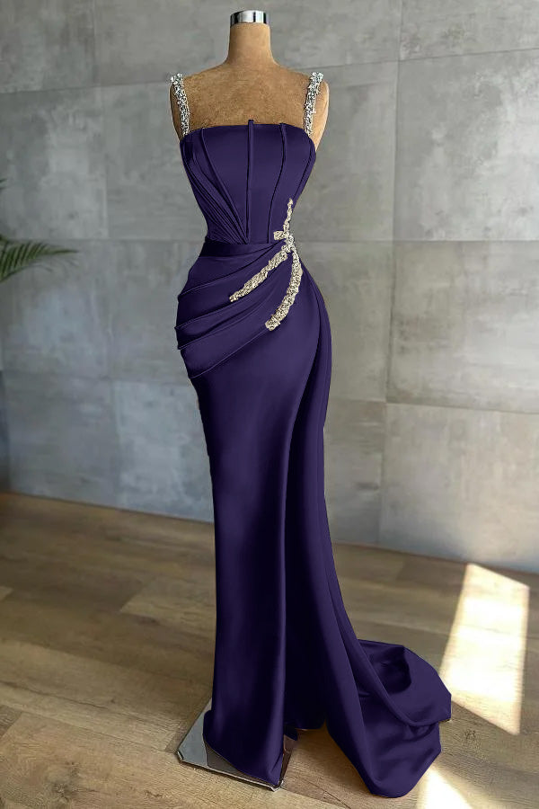 Royal Blue Long Mermaid Straps Satin Appliques Bead Evening Dresses   BIZTUNNEL