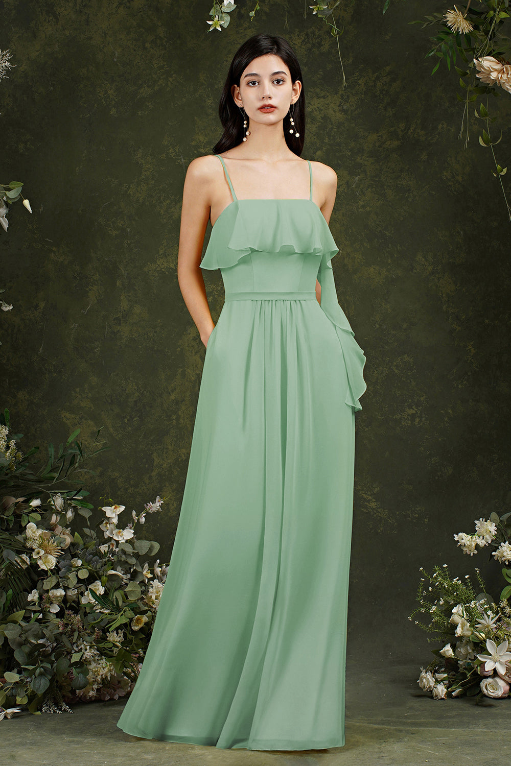 Stunning A-line Chiffon Backless Long Bridesmaid Dress With Pockets-BIZTUNNEL