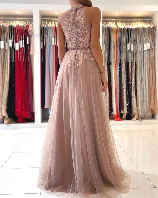 Stunning A-line High Neck Tulle Long Formal Prom Dress with Lace Appliques-BIZTUNNEL
