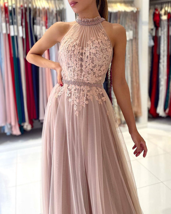 Stunning A-line High Neck Tulle Long Formal Prom Dress with Lace Appliques-BIZTUNNEL