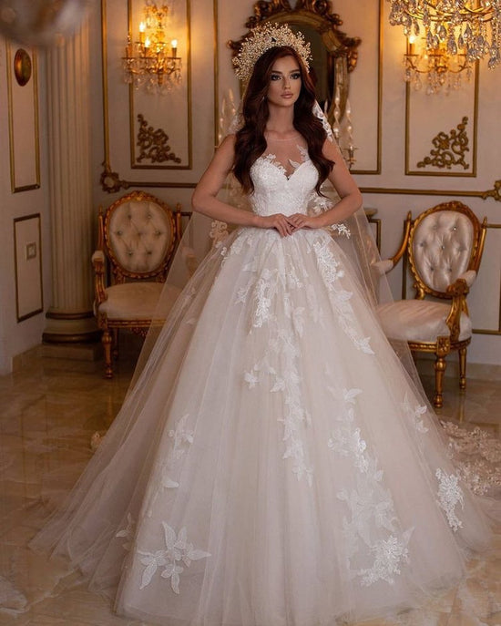 Delicate A-Line Bateau Tulle Wedding Gown with Floral Lace and Open Back main image 0
