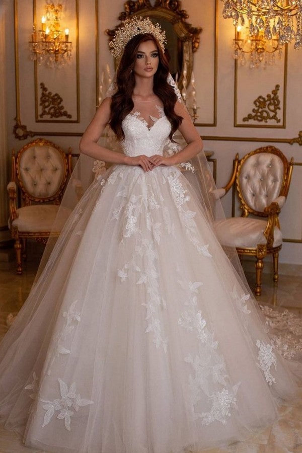 Classy Long A-Line Bateau Appliques Lace Tulle Wedding Dress With Bowknot Sash main image 1