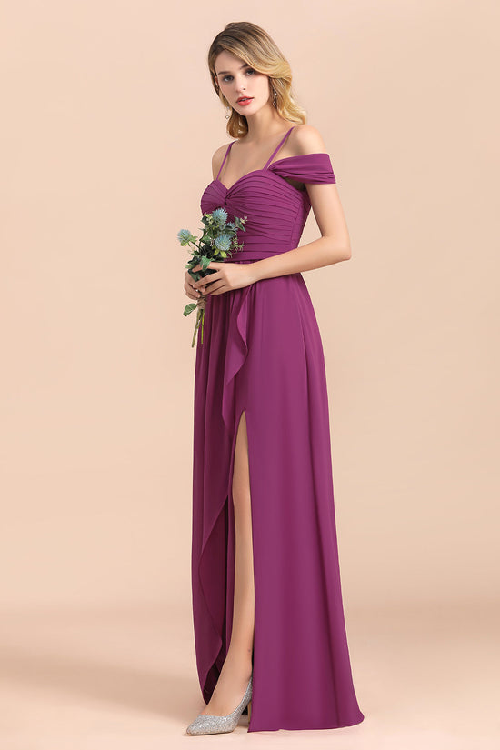 Stunning Long A-line Off-the-Shoulder Chiffon Bridesmaid Dress With Slit-BIZTUNNEL